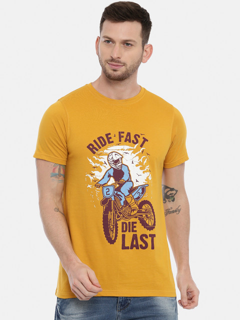 

Bushirt Men Mustard Yellow Printed Round Neck T-shirt