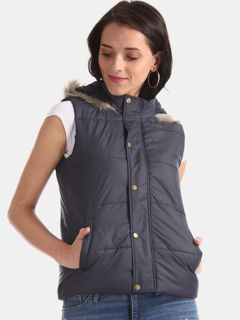 

Cherokee Women Navy Blue Solid Hooded Padded Jacket