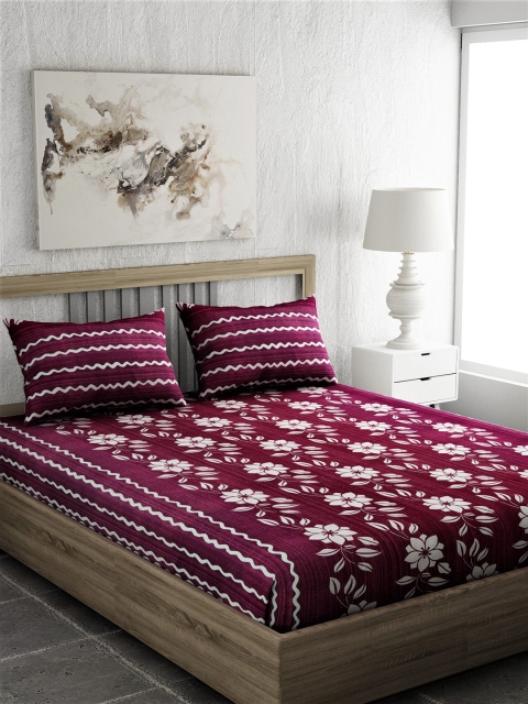 

EverHOME Maroon & White Floral 144 TC Cotton 1 Queen Bedsheet with 2 Pillow Covers