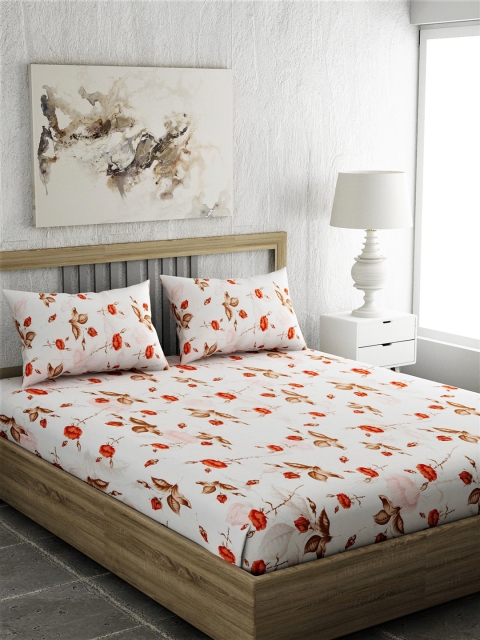 

EverHOME White & Red Floral 144 TC Cotton 1 Queen Bedsheet with 2 Pillow Covers