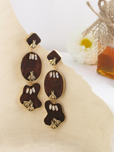 

NITAARA Brown & Gold-Toned Contemporary Handcrafted Drop Earrings