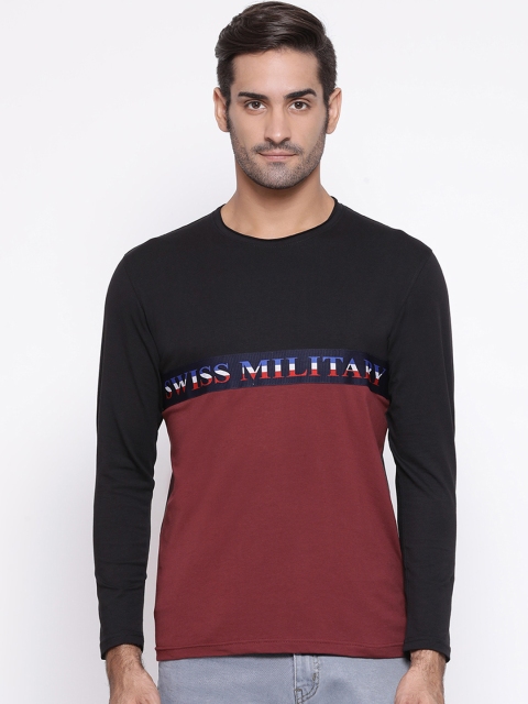 

SWISS MILITARY Men Black & Maroon Colourblocked Round Neck T-shirt