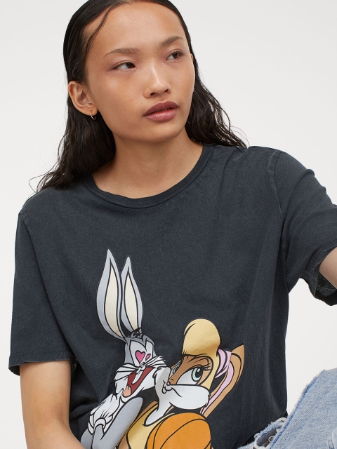 

H&M Women Black Printed T Shirt