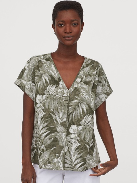 

H&M Women Olive Green & White Tropical Print V-neck Cotton Top