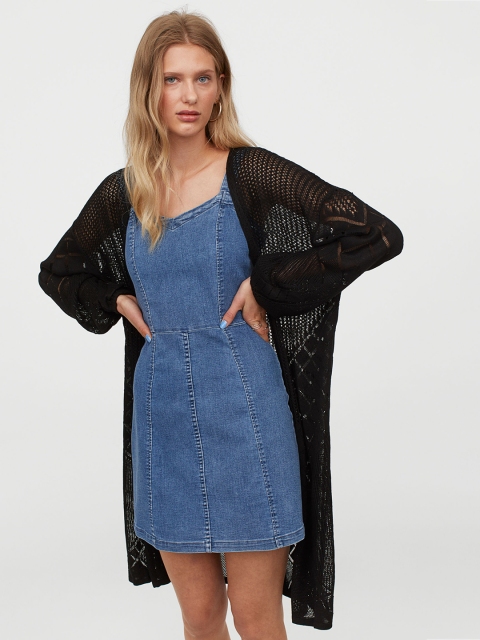 

H&M Women Black Self-Design Pattern-Knit Shrug