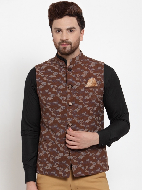 

MAXENCE Men Brown And Grey Camouflage Printed Nehru Jacket, Coffee brown