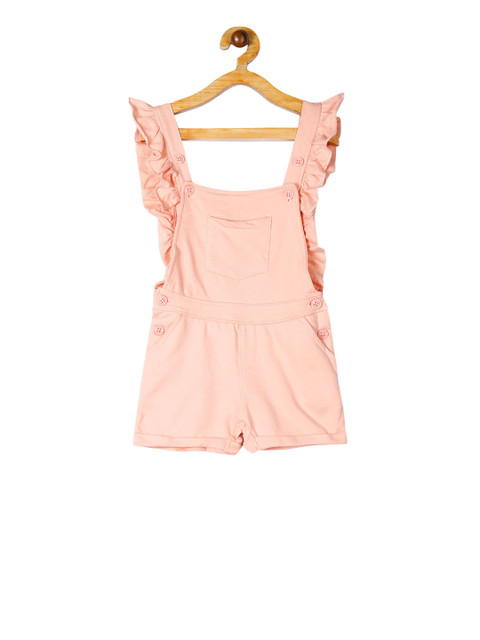 

Cherokee Girls Peach-Coloured Solid Ruffled Dungaree Shorts