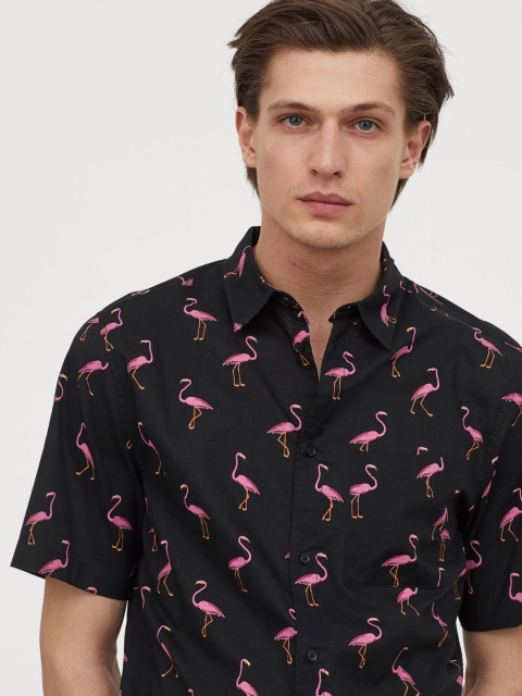 

H&M Men Black & Pink Cotton Shirt Regular Fit