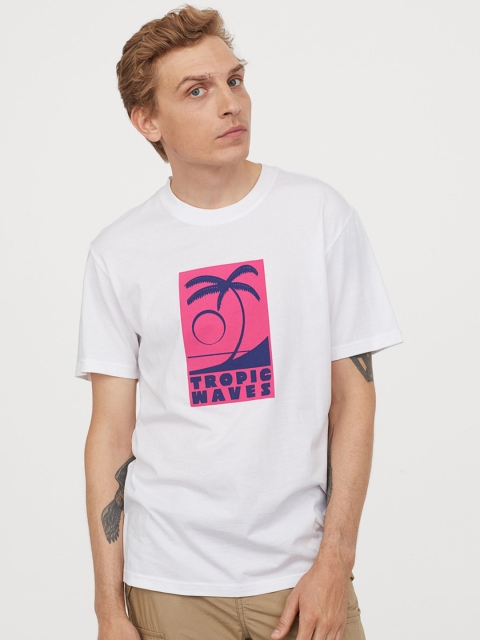 

H&M Men White & Pink Printed T-shirt