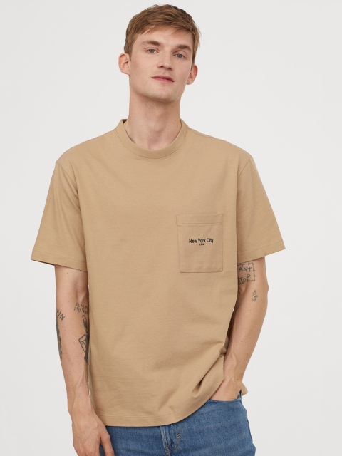 

H&M Men Beige Solid Chest-pocket T-shirt