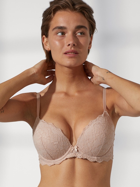 H&M Beige Lace Underwired Heavily Padded Lace Push-Up Bra