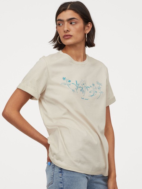 

HM Women Off-White Printed Cotton Pure Cotton T-shirt