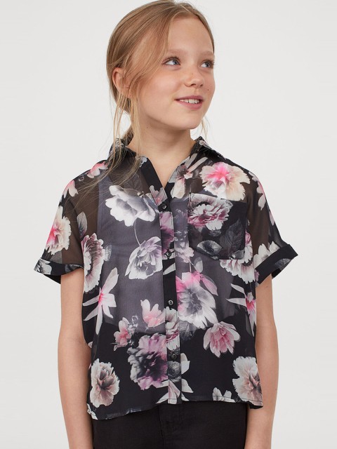 

H&M Girls Black & White Printed Cap-Sleeved Shirt