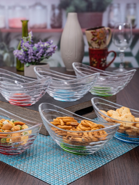 

GOODHOMES Set Of 6 Transparent Textured Seven Seas Glass Rainbow Oval Bowls