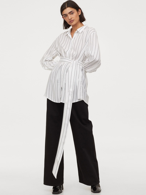 

H&M Women White & Black Striped Tie-Belt Shirt