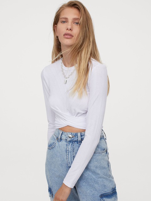 

H&M Women White Solid Draped Crop Top