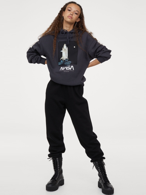 

H&M Women Grey & White Printed Hoodie