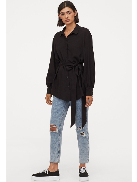 

H&M Women Black Solid Tie-Belt Shirt