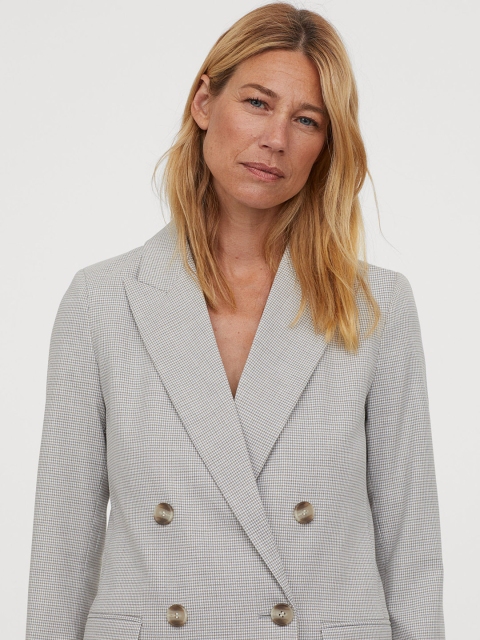 

H&M Women Off-White And Grey Self Design Double Breasted Straight Cut Jacket