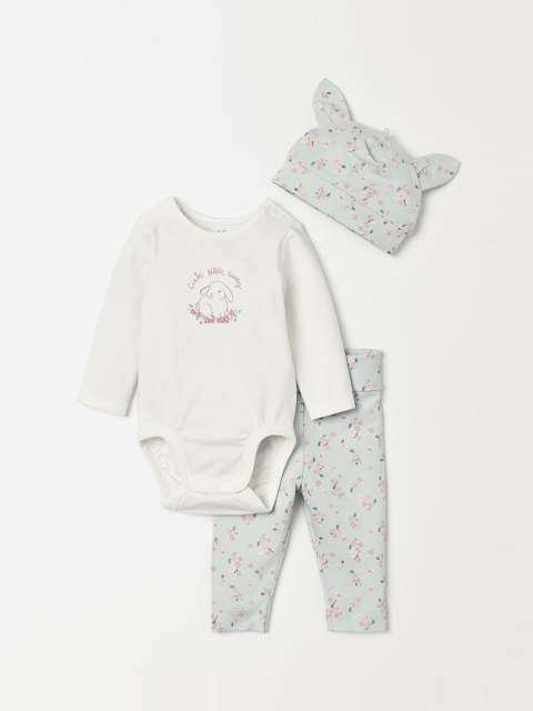 

H&M Kids White & Powder Blue 3-Piece Printed Cotton Clothing Set