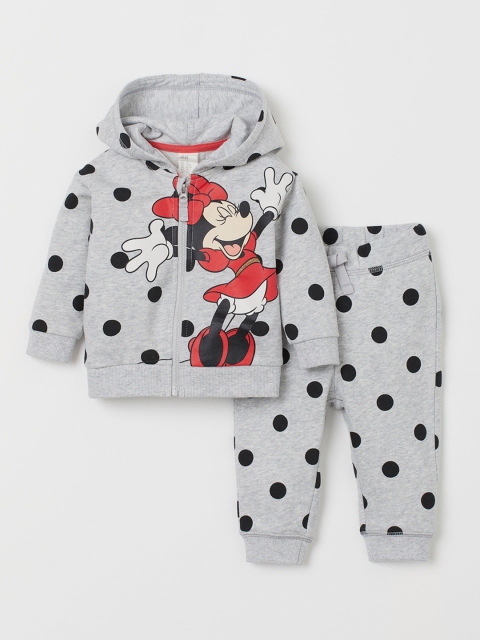 

H&M Girls Grey Melange & Black 2-Piece Minnie Mouse Printed Set