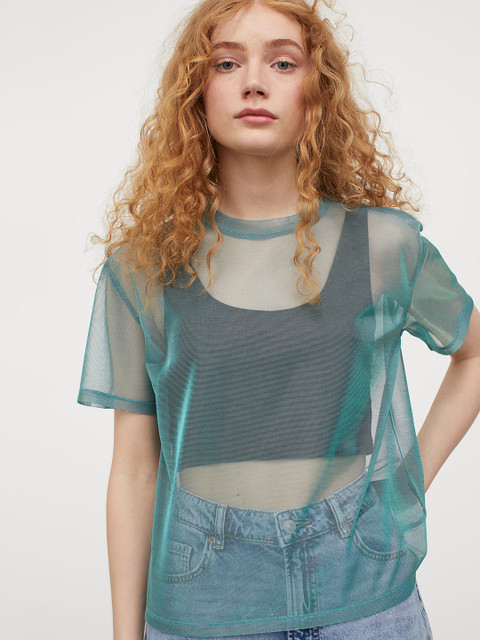 

H&M Women Turquoise Blue Sheer Short-sleeved Top