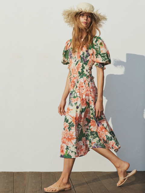 

H&M Women Pink & Green Floral Print Button Front Cotton Skirt