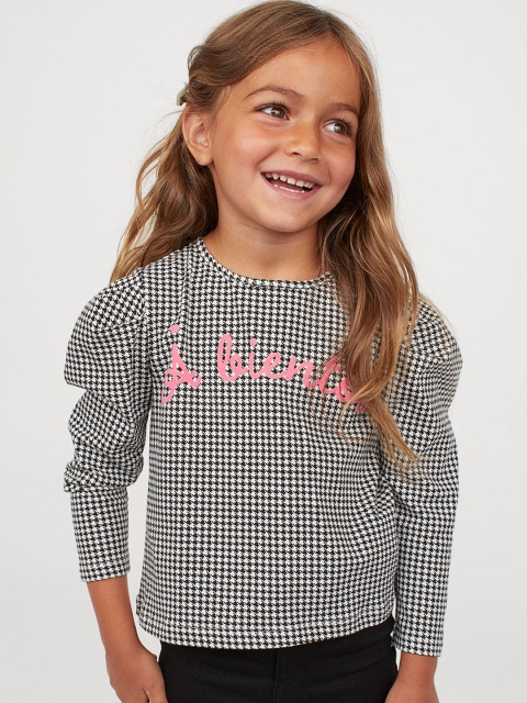 

H&M Girls Black Printed Puff-Sleeved Jersey Top