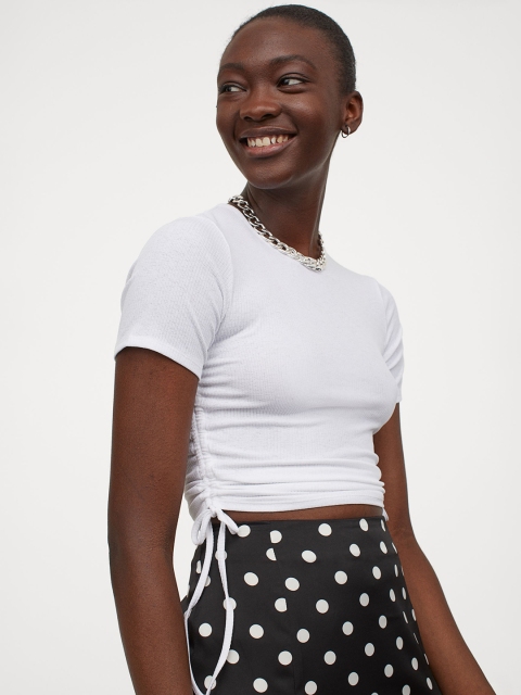 

H&M Women White Solid Ribbed Pure Cotton Top