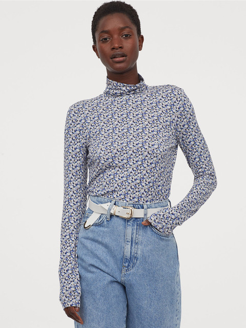 

H&M Women Blue & White Floral Printed Jersey Polo-Neck Top