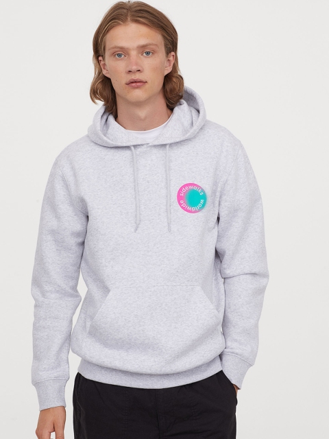 

H&M Women Grey Melange Printed Hooded Top