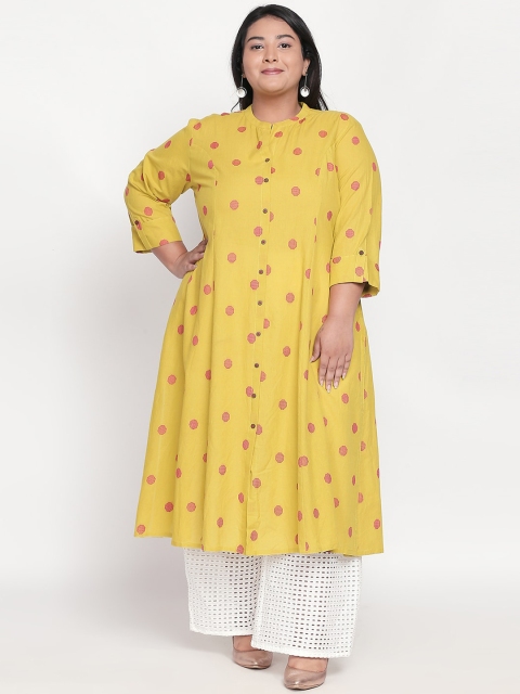 

RANGMANCH PLUS by Pantaloons Women Yellow & Pink Printed A-Line Kurta