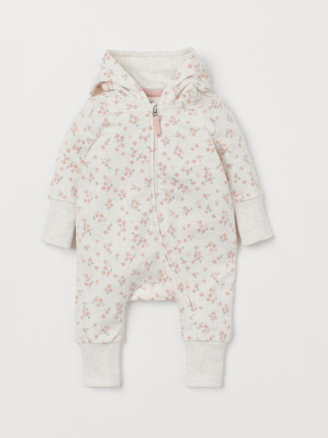 

H&M Infant Off-White & Peach Micro Floral Print Cotton-Blend All-in-One Suit