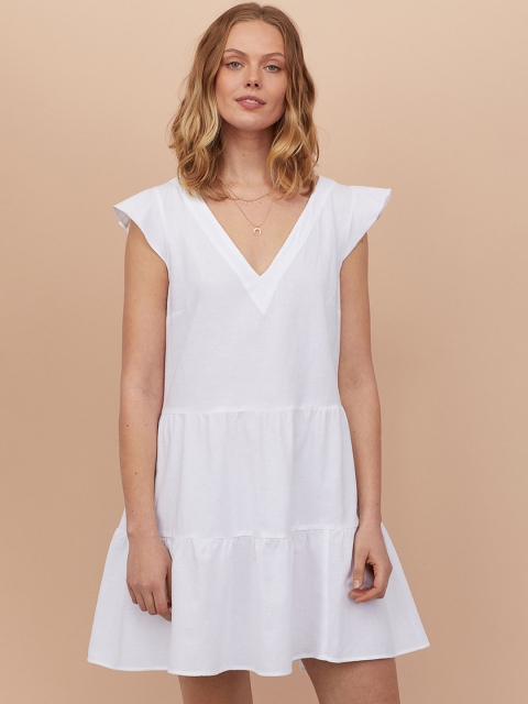 

H&M Women White Solid Tiered Flutter-Sleeved Dress