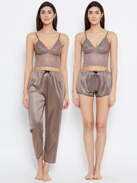 

Clovia Women 3 Pc Brown Satin Night Suit Set