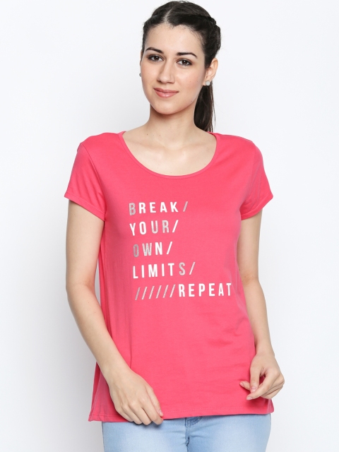 

Ajile by Pantaloons Women Coral Red Printed Round Neck Pure Cotton T-shirt
