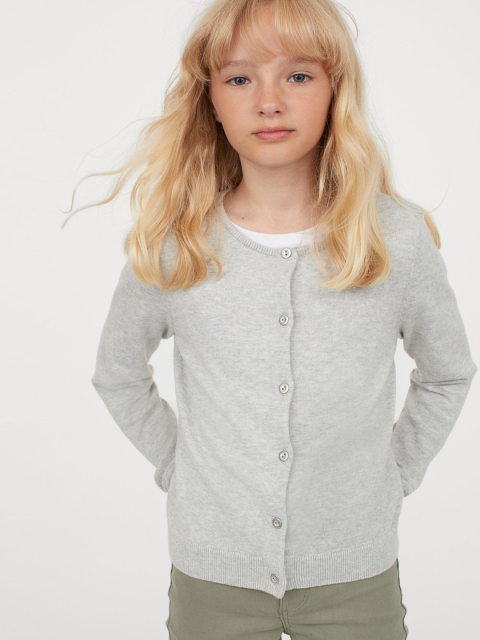 

H&M Girls Grey Solid Fine-Knit Cotton Cardigan
