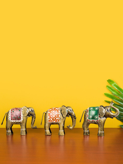 

Golden Peacock Set Of 3 Gold-Toned & Orange Handcrafted Antique Elephant Iron Showpieces
