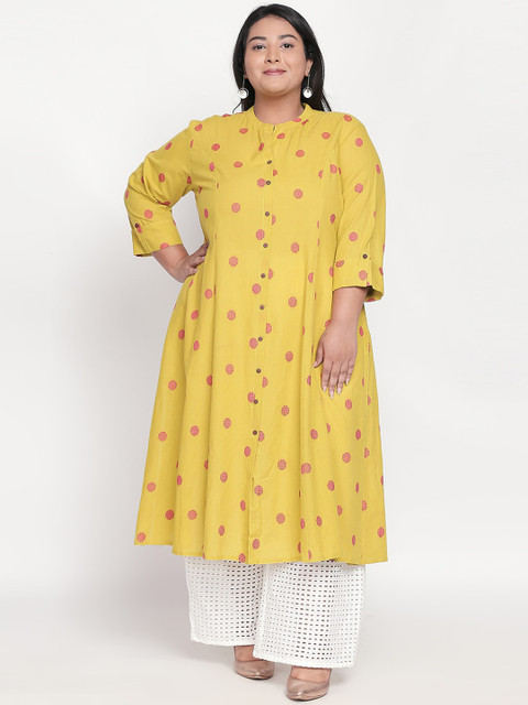 

RANGMANCH PLUS by Pantaloons Women Yellow & Pink Printed A-Line Kurta