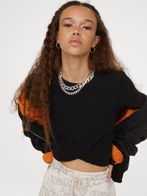 

H&M Women Black Solid Draped Top