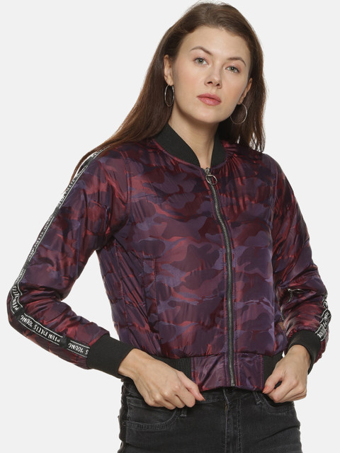 

Campus Sutra Women Maroon Printed Windcheater Bomber