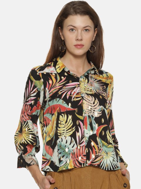 

Campus Sutra Women Black & Yellow Regular Fit Floral Printed Casual Shirt