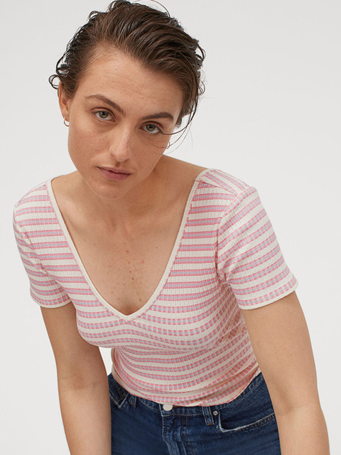 

H&M Women Multicoloured Striped V-Neck T-shirt, Multi