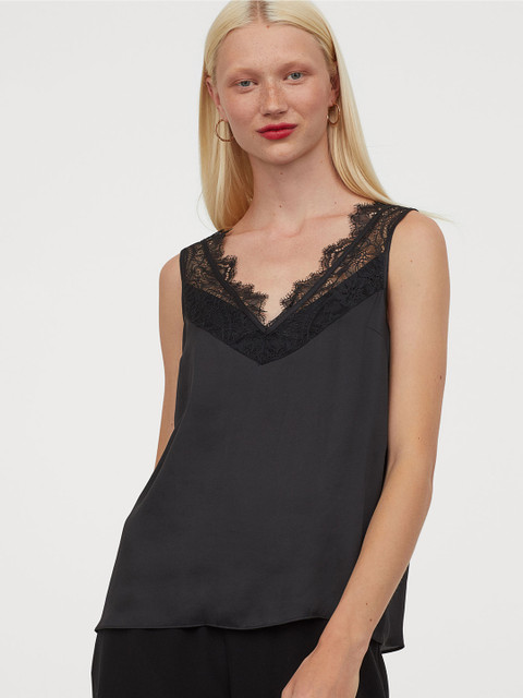 

H&M Women Black Solid Lace-trimmed Top