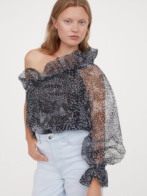 

H&M Women Black Flounced One Shoulder Blouse