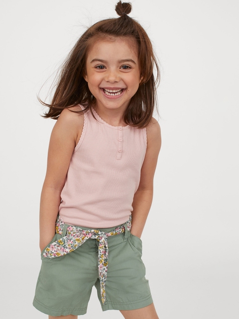 

H&M Girls Green Solid Tie-belt Cotton Shorts