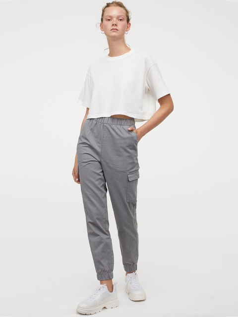 

H&M Women Grey Solid Twill Cargo Trousers