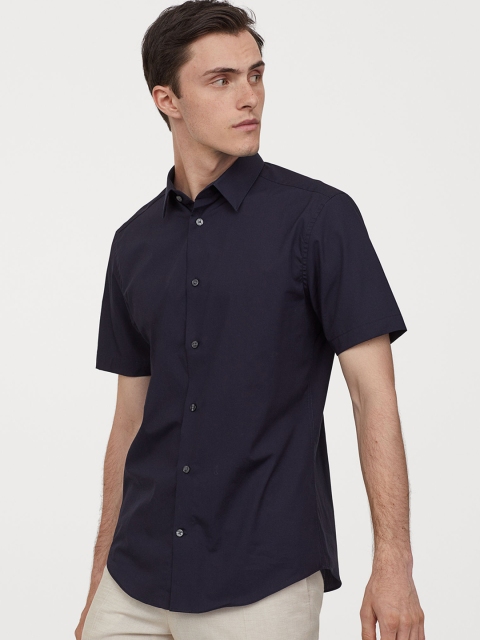 

H&M Men Navy Blue Solid Slim Fit Shirt