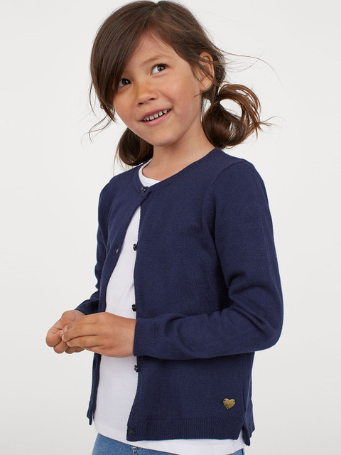 

H&M Girls Navy Blue Solid Fine-Knit Cotton Cardigan