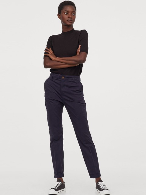 

H&M Women Navy Blue Solid Cotton Chinos